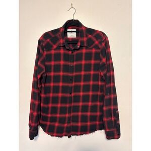 YOUNGLA LA Red Black‎ Plaid Flannel Shirt Mens Large Distressed Raw Hem